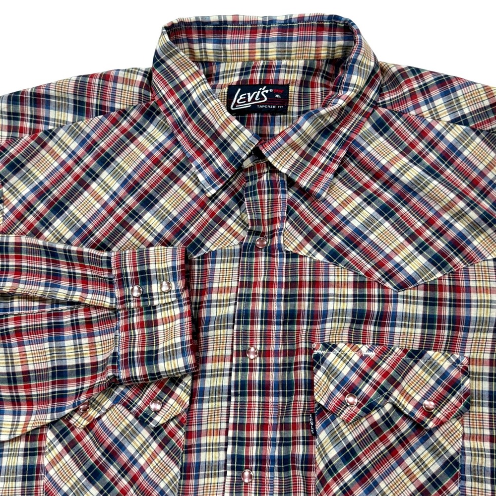 Vintage LEVIS Tapered Fit Plaid Western Pearl Snap Long Sleeve Shirt Mens XL